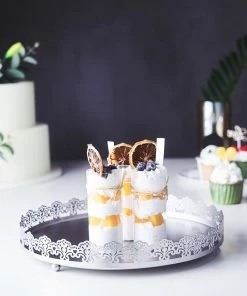 HIER_4730 Disposable Dinnerware 12" Silver Premium Metal Decorative Vanity Serving Tray, Round With Embellished Rims