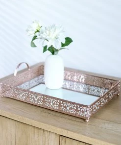 HIER_4730 Fleur De Lis Rose Gold/Blush Metal Decorative Vanity Serving Tray With Handles, Rectangle Mirrored Tray - 16"x12" Disposable Dinnerware