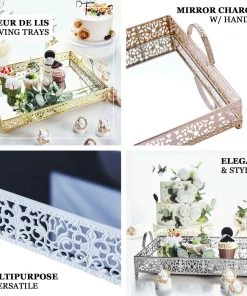 HIER_4730 Fleur De Lis Gold Metal Decorative Vanity Serving Tray With Handles, Rectangle Mirrored Tray - 16