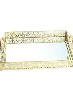 HIER_4730 Fleur De Lis Gold Metal Decorative Vanity Serving Tray With Handles, Rectangle Mirrored Tray - 16