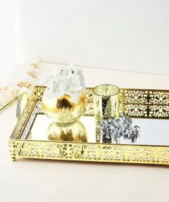 HIER_4730 Fleur De Lis Gold Metal Decorative Vanity Serving Tray With Handles, Rectangle Mirrored Tray - 16