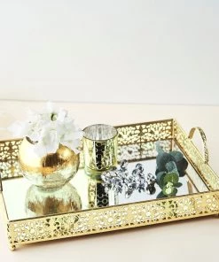 HIER_4730 Fleur De Lis Gold Metal Decorative Vanity Serving Tray With Handles, Rectangle Mirrored Tray - 16"x12"