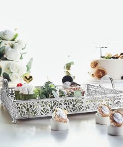 HIER_4730 Disposable Dinnerware Fleur De Lis Silver Metal Decorative Vanity Serving Tray With Handles, Rectangle Mirrored Tray - 16