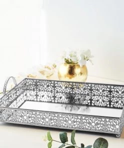 HIER_4730 Disposable Dinnerware Fleur De Lis Silver Metal Decorative Vanity Serving Tray With Handles, Rectangle Mirrored Tray - 16