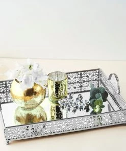 HIER_4730 Disposable Dinnerware Fleur De Lis Silver Metal Decorative Vanity Serving Tray With Handles, Rectangle Mirrored Tray - 16"x12"