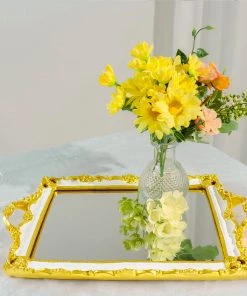HIER_4720 Disposable Dinnerware Metallic Gold/White Resin Decorative Vanity Serving Tray, Rectangle Mirrored Tray - 15"x10"