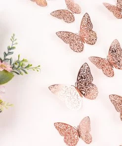 HIER_5150 12 Pack | 3D Rose Gold Butterfly Wall Decals DIY Removable Mural Stickers Cake Decorations