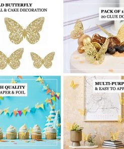 HIER_5150 12 Pack | 3D Gold Butterfly Wall Decals, DIY Mural Stickers, Metallic Butterfly Cake Decorations Chargers & Centerpieces