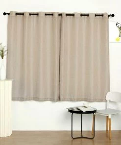 HIER_3120 2 Pack | Handmade Beige Faux Linen Curtains 52"x64", Curtain Panels With Chrome Grommets