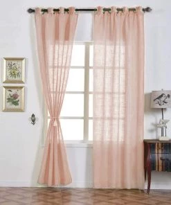 HIER_3120 2 Pack | Handmade Blush/Rose Gold Faux Linen Curtains 52"x108", Curtain Panels With Chrome Grommets
