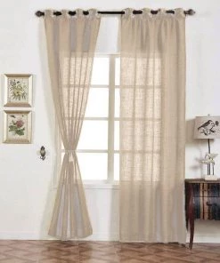 HIER_3120 2 Pack | Handmade Beige Faux Linen Curtains 52"x108", Curtain Panels With Chrome Grommets Home Décor