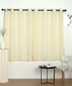 HIER_3120 2 Pack | Handmade Ivory Faux Linen Curtains 52"x64", Curtain Panels With Chrome Grommets Home Décor