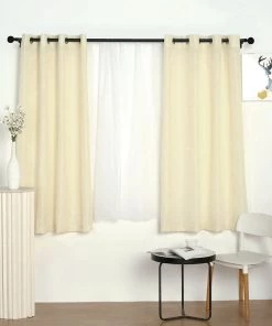 HIER_3120 2 Pack | Handmade Ivory Faux Linen Curtains 52"x64", Curtain Panels With Chrome Grommets Home Décor