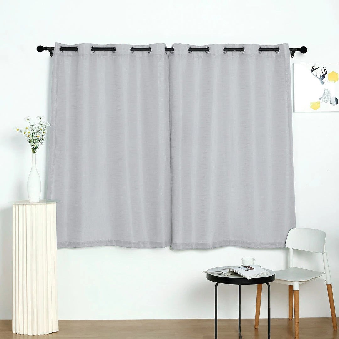 HIER_3120 2 Pack | Handmade Silver Faux Linen Curtains 52"x64", Curtain Panels With Chrome Grommets Home Décor 2 HIER_3120 2 Pack | Handmade Silver Faux Linen Curtains 52"x64", Curtain Panels With Chrome Grommets Home Décor