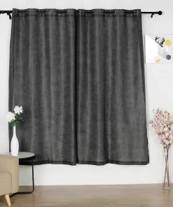 HIER_3120 2 Pack | Handmade Charcoal Gray Faux Linen Curtains 52"x84", Curtain Panels With Chrome Grommets