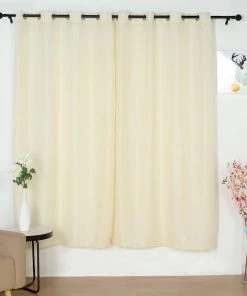 HIER_3120 2 Pack | Handmade Ivory Faux Linen Curtains 52"x84", Curtain Panels With Chrome Grommets Home Décor
