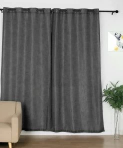 HIER_3120 2 Pack | Handmade Charcoal Gray Faux Linen Curtains 52"x96", Curtain Panels With Chrome Grommets
