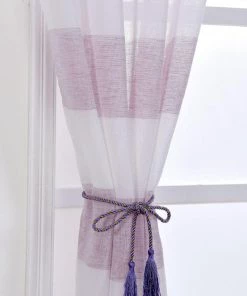 HIER_3160 2 Pack | White/Lavender Cabana Print Faux Linen Curtain Panels With Chrome Grommet - 52"x108"