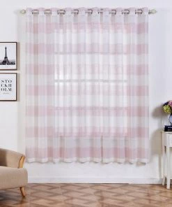 HIER_3160 Home Décor 2 Pack | White/Blush Cabana Print Faux Linen Curtain Panels With Chrome Grommet - 52"x84"