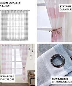 HIER_3160 Home Décor 2 Pack | White/Blush Cabana Print Faux Linen Curtain Panels With Chrome Grommet - 52