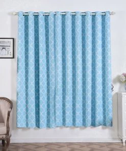 HIER_3160 2 Pack | Blue/White Room Darkening Noise Cancelling Curtain Panels With Grommet, Trellis Curtains 52"x84" - Clearance SALE