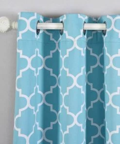 HIER_3160 2 Pack | Blue/White Room Darkening Noise Cancelling Curtain Panels With Grommet, Trellis Curtains 52"x84" - Clearance SALE