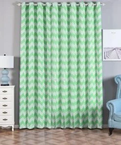 HIER_3160 2 Pack | White/Mint Chevron Print Velvet Blackout Window Curtain Grommet Panels, Noise Cancelling Curtains - 52"x108" Home Curtains