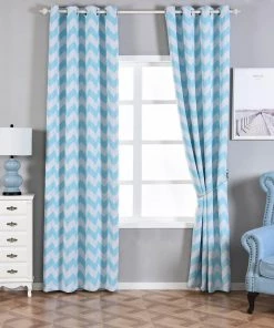 HIER_3160 2 Pack | White/Baby Blue Chevron Print Velvet Blackout Window Curtain Grommet Panels, Noise Cancelling Curtains - 52"x108" Home Curtains