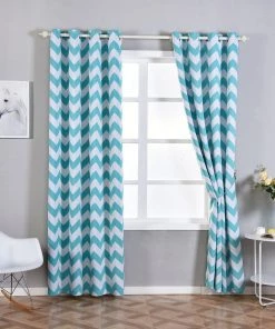 HIER_3160 2 Pack | White/Turquoise Chevron Design Thermal Blackout Curtains With Chrome Grommet Window Treatment Panels - 52"x108"