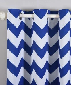 HIER_3160 2 Pack | White/Royal Blue Chevron Design Thermal Blackout Curtains With Chrome Grommet Window Treatment Panels - 52"x84"