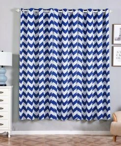 HIER_3160 2 Pack | White/Royal Blue Chevron Design Thermal Blackout Curtains With Chrome Grommet Window Treatment Panels - 52"x84"