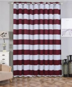 HIER_3160 2 Pack | White/Burgundy Cabana Stripe Thermal Blackout Window Curtain Grommet Panels, Noise Cancelling Curtains - 52"x108"