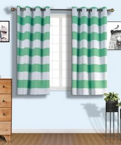 HIER_3160 2 Pack | White/Mint Cabana Stripe Thermal Blackout Window Curtain Grommet Panels, Noise Cancelling Curtains - 52"x64"