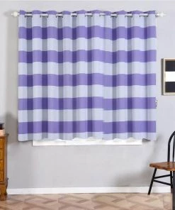 HIER_3160 2 Pack | White/Lavender Cabana Stripe Thermal Blackout Curtains With Chrome Grommet Window Treatment Panels - 52"x64"