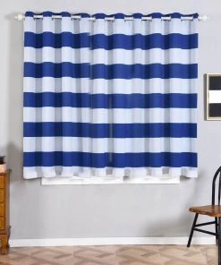 HIER_3160 2 Pack | White/Royal Blue Cabana Stripe Thermal Blackout Curtains With Chrome Grommet Window Treatment Panels - 52"x64"