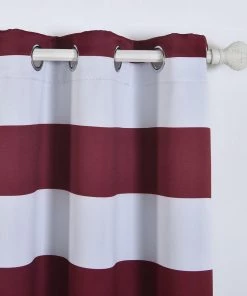 HIER_3160 2 Pack | White/Burgundy Cabana Stripe Thermal Blackout Window Curtain Grommet Panels, Noise Cancelling Curtains - 52"x96" Home Décor