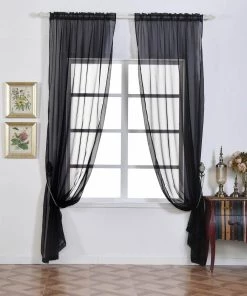 HIER_3160 2 Pack | Black Organza Grommet Sheer Curtains Panels - 52"x108"