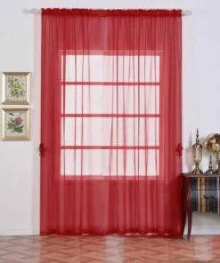 HIER_3160 2 Pack | Red Sheer Organza Curtains With Rod Pocket Window Treatment Panels - 52"x108"