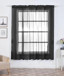 HIER_3160 2 Pack | Black Organza Grommet Sheer Curtains Panels - 52" X 84" Big Event Backdrops & Décor