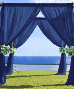 HIER_3110 5ftx14ft Premium Navy Blue Chiffon Curtain Panel Backdrop With Rod Pocket Backdrop Panels
