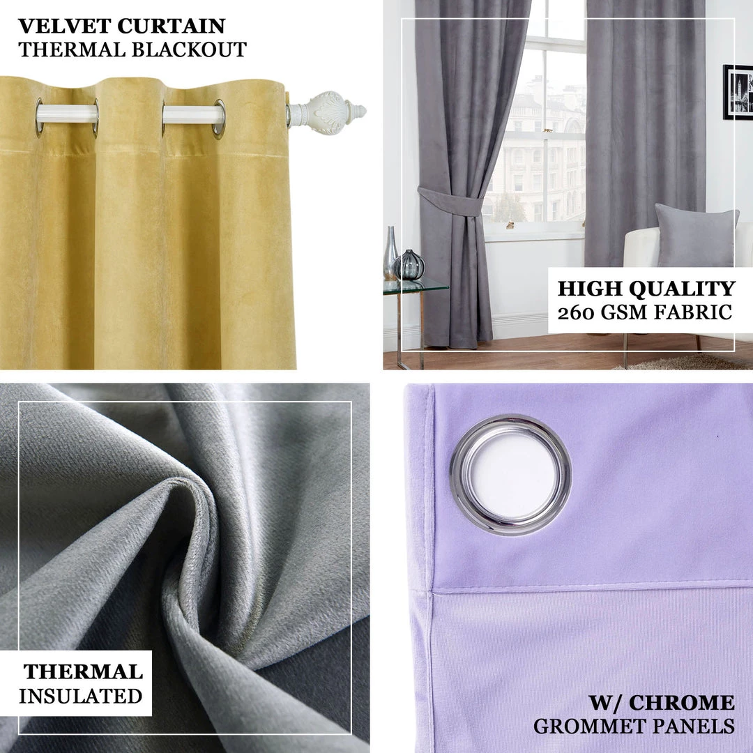 HIER_3160 2 Pack | Lavender Soft Velvet Thermal Blackout Curtains With Chrome Grommet Window Treatment Panels - 52"x96" 4 HIER_3160 2 Pack | Lavender Soft Velvet Thermal Blackout Curtains With Chrome Grommet Window Treatment Panels - 52"x96"