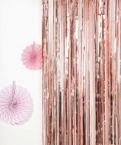 HIER_3300 8ft Rose Gold Metallic Tinsel Foil Fringe Curtain Backdrops For Doorway/Party - Blush