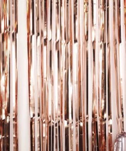 HIER_3300 8ft Rose Gold Metallic Tinsel Foil Fringe Curtain Backdrops For Doorway/Party - Blush
