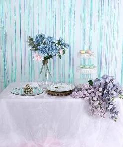 HIER_3110 8ft Iridescent Blue Metallic Tinsel Foil Fringe Curtain Backdrops For Doorway/Party