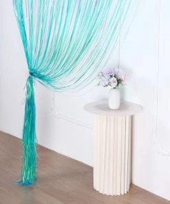 HIER_3110 8ft Iridescent Blue Metallic Tinsel Foil Fringe Curtain Backdrops For Doorway/Party