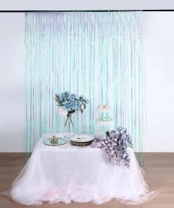 HIER_3110 8ft Iridescent Blue Metallic Tinsel Foil Fringe Curtain Backdrops For Doorway/Party
