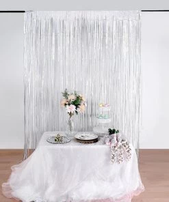 HIER_3110 8ft Iridescent Metallic Tinsel Foil Fringe Curtain Backdrops For Doorway/Party Big Event Backdrops & Décor
