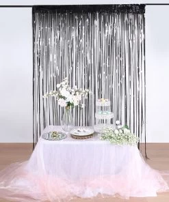 HIER_3110 8ft Black Metallic Tinsel Foil Fringe Curtain Backdrops For Doorway/Party Backdrop Panels
