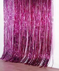 HIER_3300 Big Event Backdrops & Décor 8ft Fuchsia Metallic Tinsel Foil Fringe Curtain Backdrops For Doorway/Party