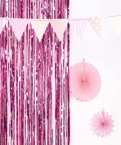 HIER_3300 Big Event Backdrops & Décor 8ft Fuchsia Metallic Tinsel Foil Fringe Curtain Backdrops For Doorway/Party
